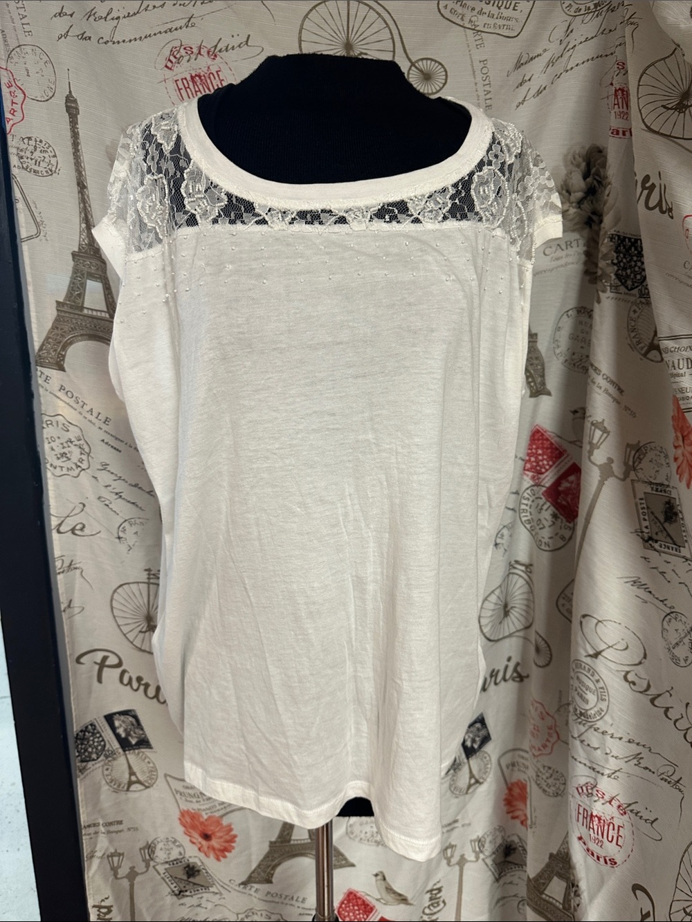 Premise White Lace Yoke Short Sleeve Top